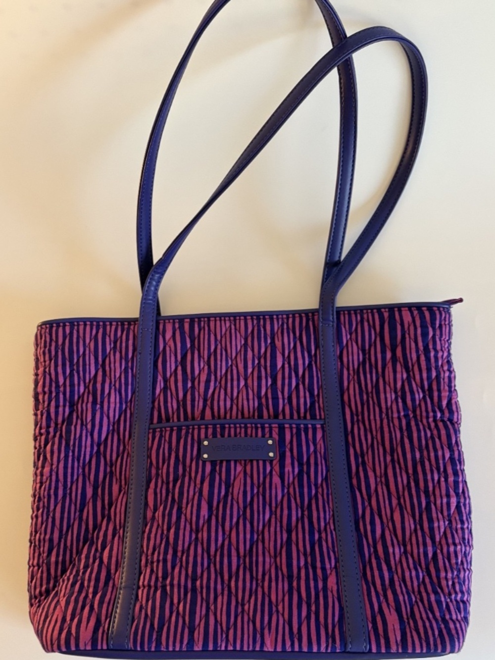 Vera Bradley Quilted Medium Tote Bag Purple & Pink Striped Zip Closure 2 Strap